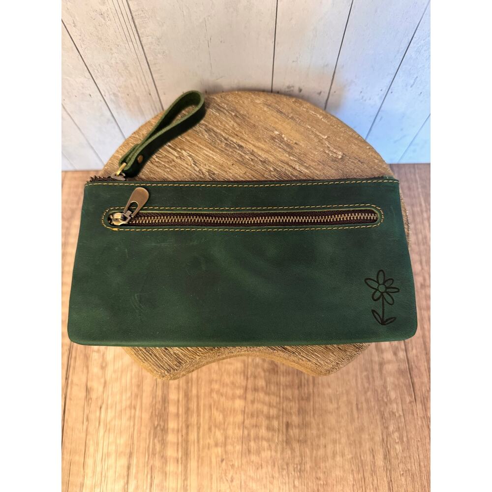 Genuine Leather Forest Green Makeup Bag Artist Pouch Leather Wristlet Bag NEW!